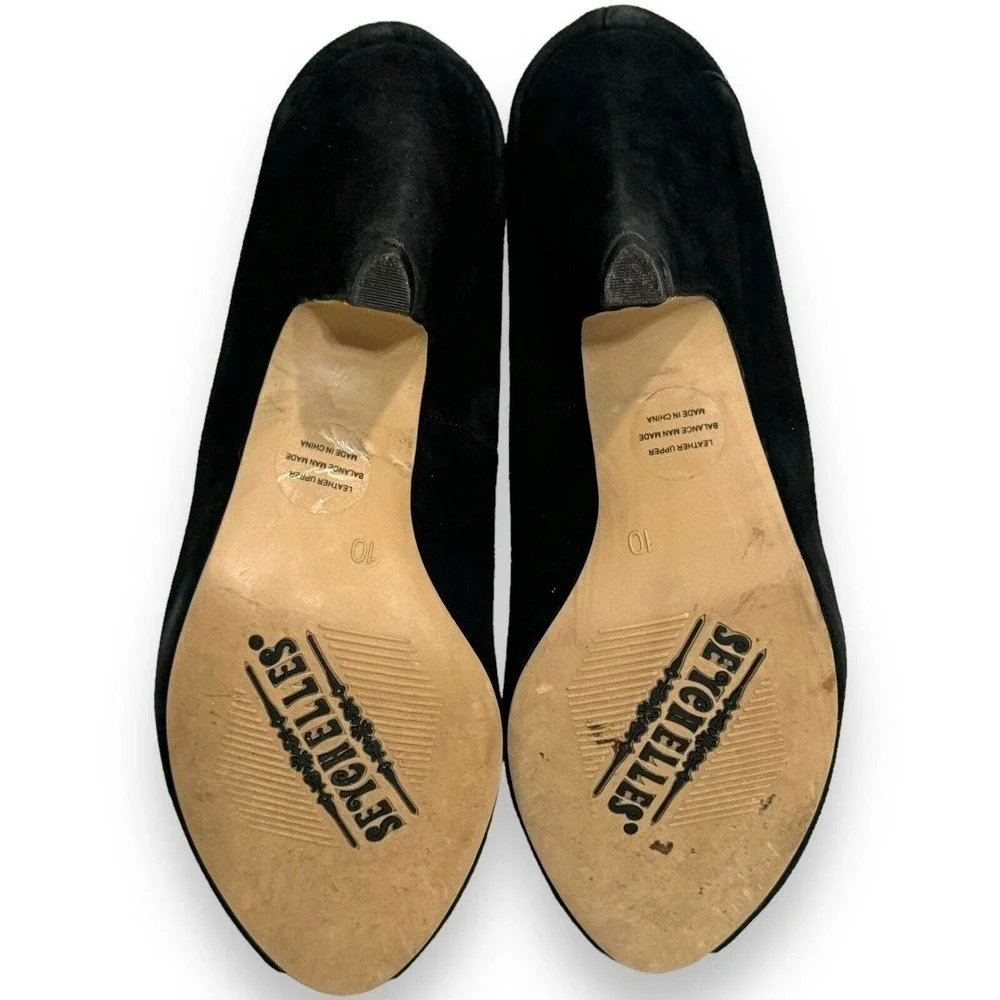 🍀 Seychelles Black Suede Pump Heels Cutout Mid Heel Peep Toe Slip On 10
